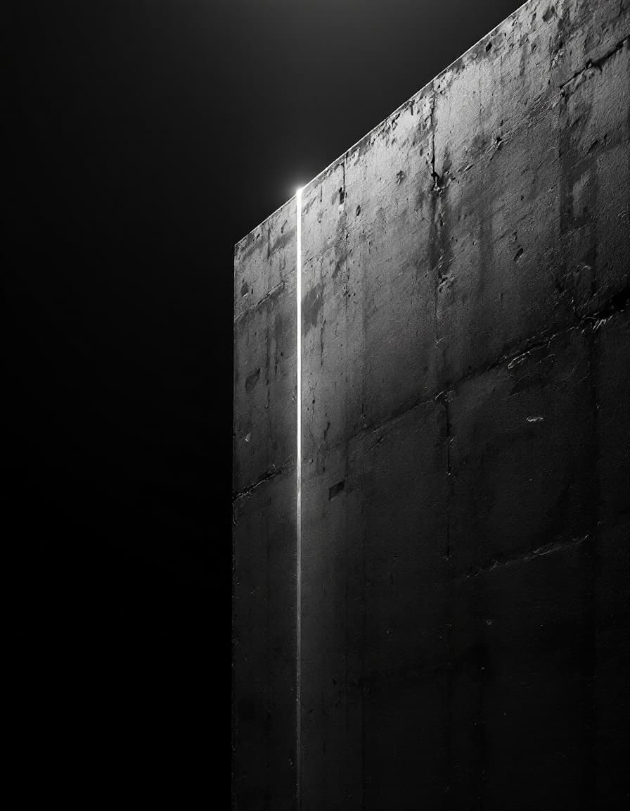 A black concrete monolith with a single blade of light, emerging from darkness